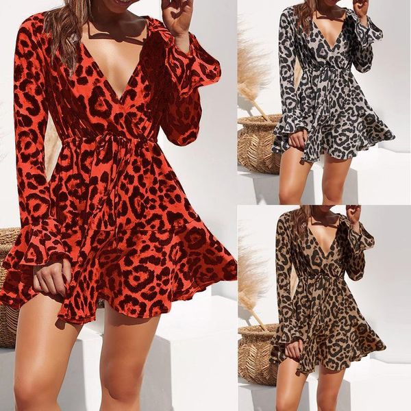 

womens dress summer chiffon dress women leopard print boho beach dresses casual ruffle long sleeve a-line mini party dress asian size, Black;gray