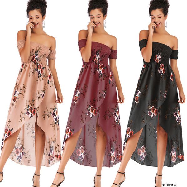 

womens designer ladies large size shoulder floral skirt long waist off-the-shoulder ruffled dressfbgn lx7e, Black;gray