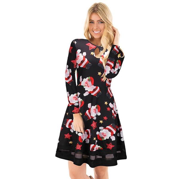 

2017 зимние платья женщин рождество с цветочным принтом с длинным рукавом партии xmas платья свадебные платья повседневная плюс размер женск, Black;gray