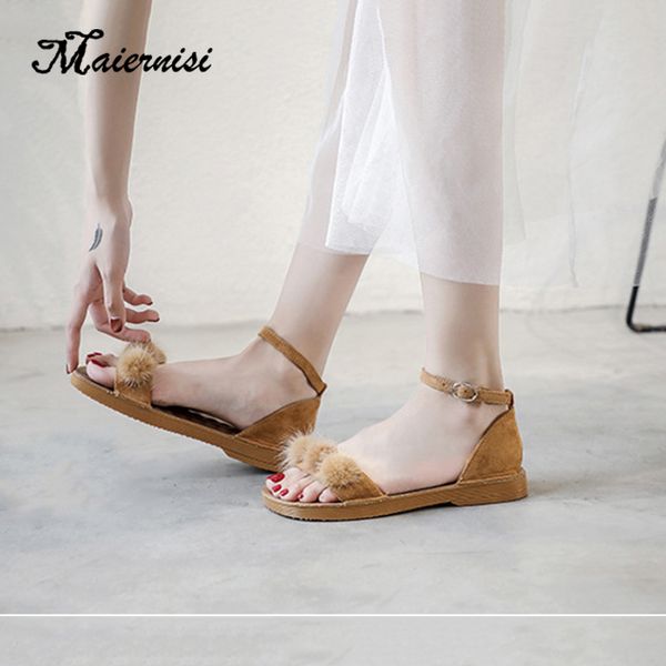 

maiernisi new bohemia sandals flat with summer beach sandalet women sandals fashion fun fur ladies shoes shallow big size, Black