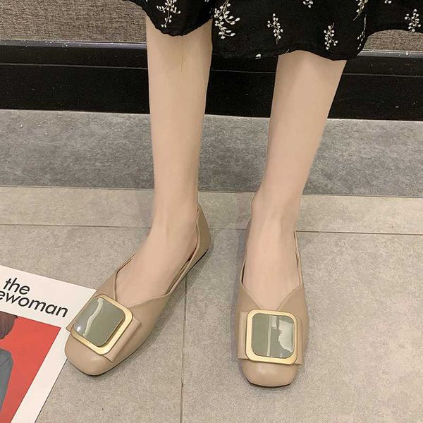 

slip on flat shoes women fashion buckle decoration square toe loafers women casual shallow shoes ladies beige black 2020