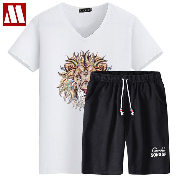 

new high street lion print t shirts + summer brand shorts printed sportsuit sets male cotton tees shirt suit plus size 5xl, Gray