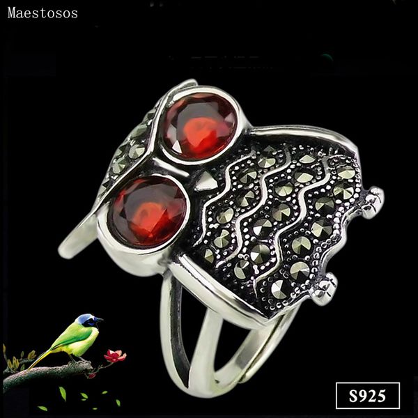 

maestosos antique ring animal owl inlaid gemstone rings red zircon s925 sterling silver rings for women jewelry adjustable size, Golden;silver