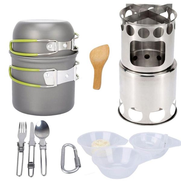 

2018 new outdoor camping hiking tableware aluminum cookware cooking picnic travel bowl pot and wood stove set for 1-2 person