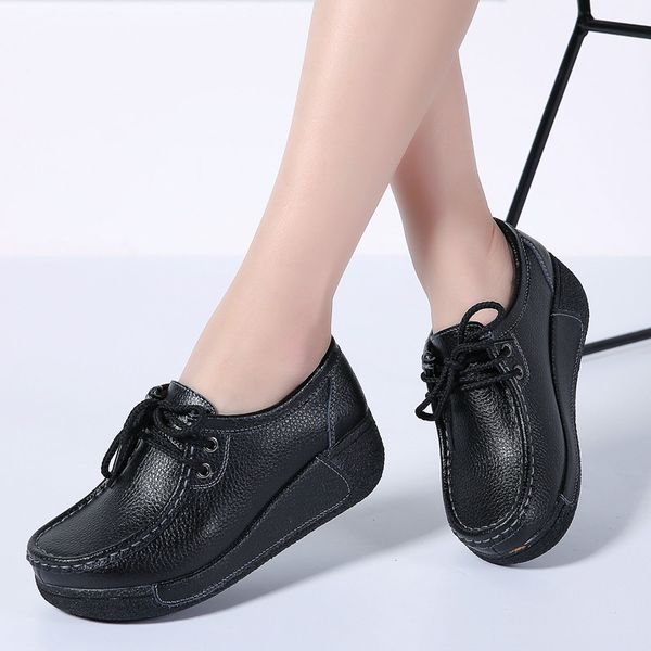 

2020 autumn women platform sneakers shoes ladies genuine leather lace up flats women thick heel platform flats shoes, Black