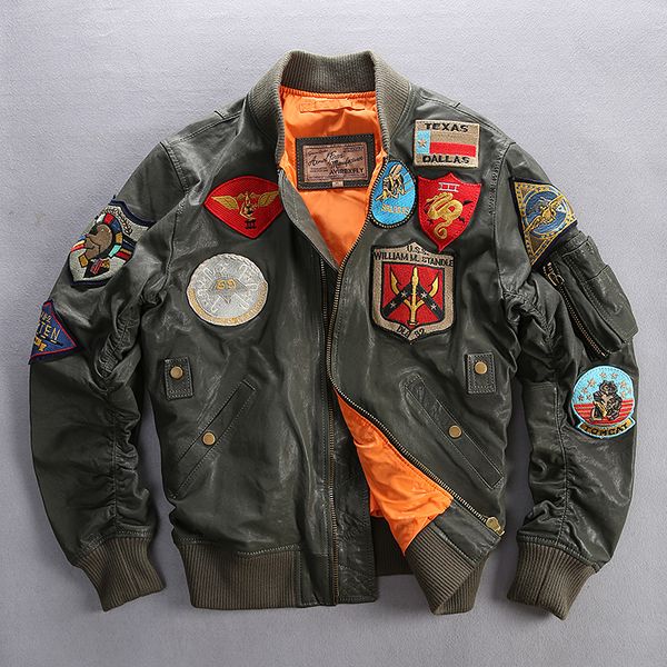 

avirexfly men's genuine leather jacket army green pilot flight jacket brand vintage coat plus size 6xl, Black