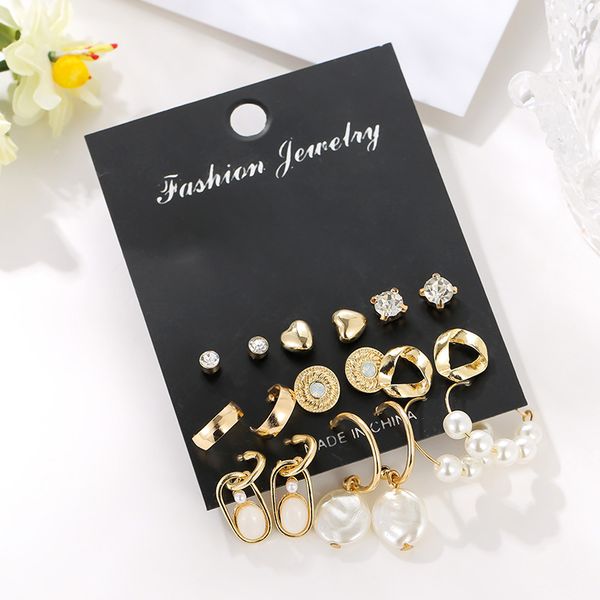 

fashion golden metal geometric statement simulated pearl stud earrings set for women girls rhinestone crystal bridal jewelry, Golden;silver