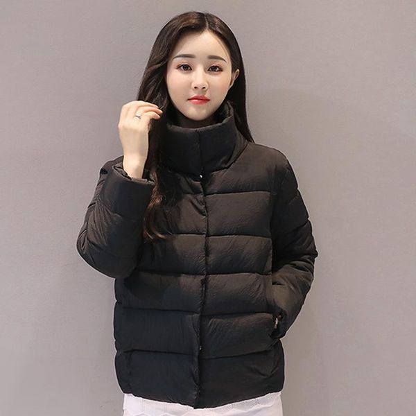

stand short breast button women coat solid white black padded winter basic jacket women brief casual casaco female fit, Black;brown