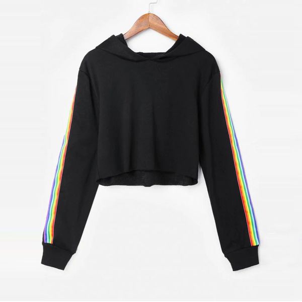 

women hoodie woman clothes regular sweatshirts female hoodie rainbow striped sweatshirt hoodies women long sleeves for winter pullover, Black