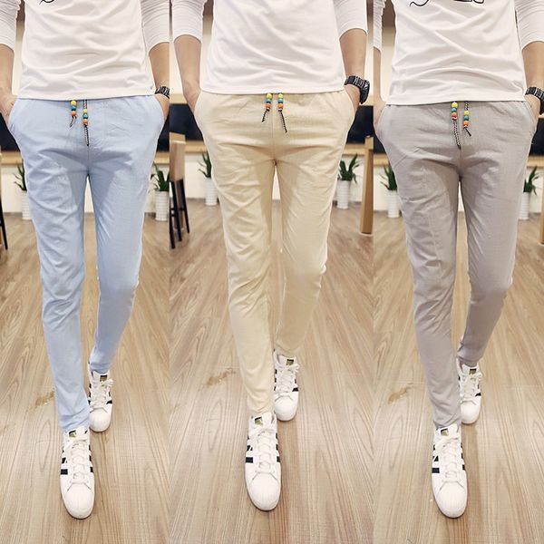 

2015 new stylish men's casual pants solid color cotton pants slim mens white trousers m-5xl, Black