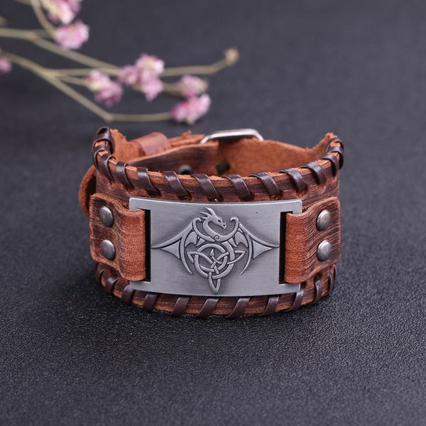 

my shape viking dragon amulet bracelet men nordic national totem large genuine leather strap vintage bracelets bangles women, Black