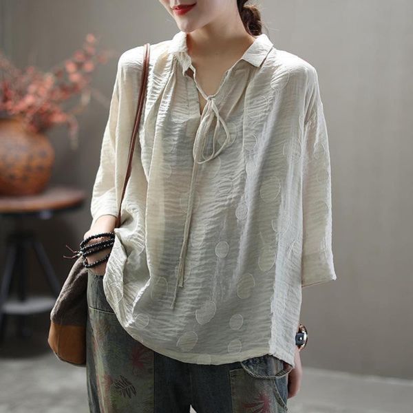 

fairynatural summer cotton linen vintage polka dot lace up shirts 2020 new loose casual women blouses turn down collar, White