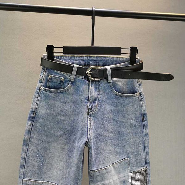 

джинсы женщины весна и осень новый стиль свободного покроя похудения промышленные горячие бурения узкие шаровары женские джинсовые брюки джи, Blue