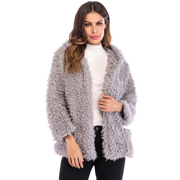 

casual autumn winter teddy coat women long sleeve pocket loose fluffy jacket warm faux fur coat 2019 hooded overcoat, Black