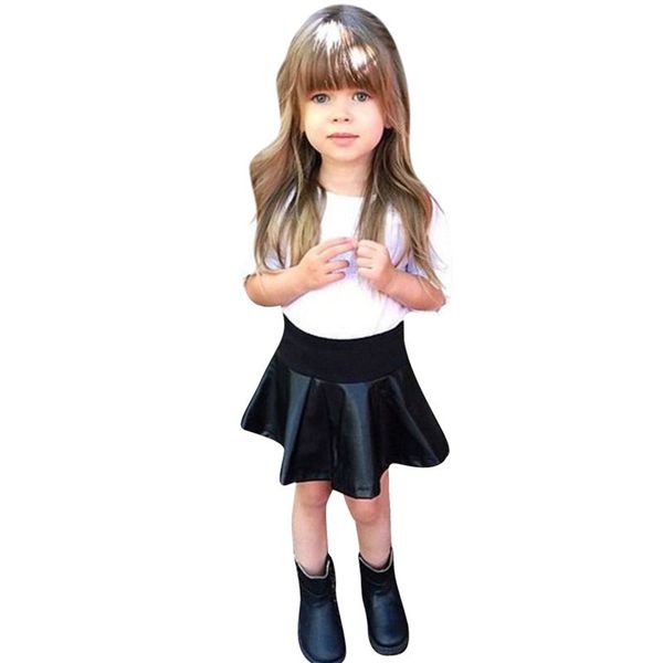 

new year baby kids girls clothing sets babies solid t-shirt + black pu skirt clothes set 2pcs set outfits suits, White