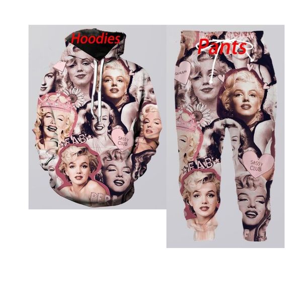 

новая мужская мода / женская мэрилин монро смешные 3d печати вскользь балахон + брюки, Black