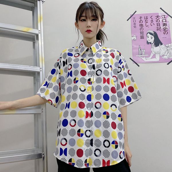 

new summer chiffon shirt women fashion geometric pattern print shirt loose short sleeve blouse college style man, White