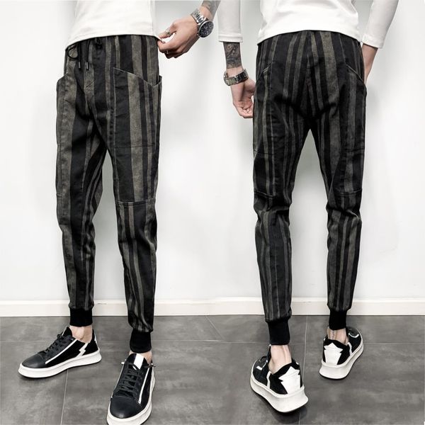 

men's casual stripe pants streetwear jogger trousers drawstring social sweatpants hip hop trousers pockets men clothes 2019, Black