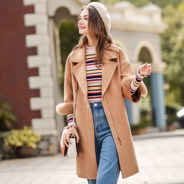 

office lady solid long wool coat turn-down collar wool blend coat and jacket wide-waisted women coats autumn winter, Black