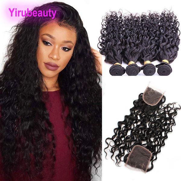 

brazilian water wave 4 bundles with 4x4 lace closure 5pcs/lot wet and wavy virgin human hair bundles with closures middle three part, Black;brown