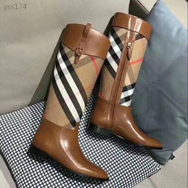 

2020 fashion autumn and winter plaid boots women's leather thick heelplus velvet europe and the united states but knee-length long boot, Black