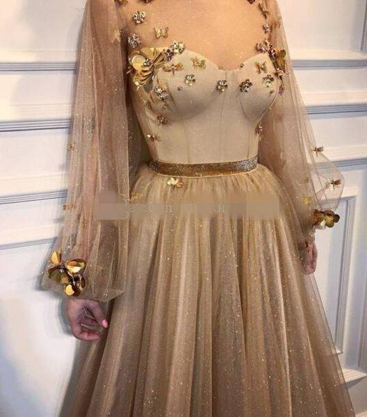 

2020 chic gold prom dresses sheer neck long poet sleeves jewel sweep train 3d floral applique sweep train celebrity party gowns, Black
