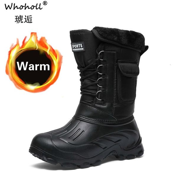 

2019 winter men boots with fur warm plush mid-calf snow boots men casual work fishing rain shoes waterproof camouflage footwear, Black