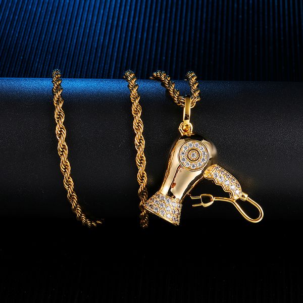

us7 bling iced out hair dryer pendant&necklaces gold silver color cubic zircon necklace hip hop men's jewelry gift