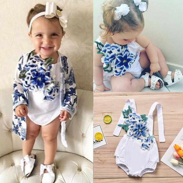 

infant baby kids girl off-shoulder sleeveless backless floral embroidery romper bodysuit sunsuit outfits sweet girls clothing, White
