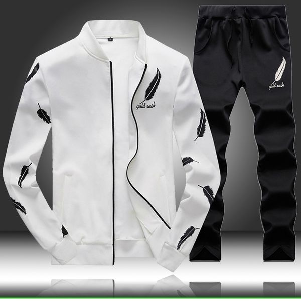 

new fashion men sets feathers print black and white set tracksuit sweatshirt two piece trousers male jacket + pants sportswear, Gray
