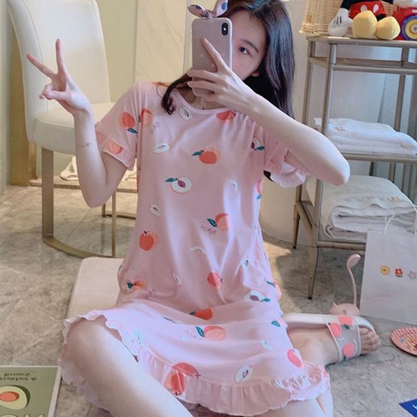 

women girls plus size nightdress short sleeve ruffles cartoon fruit sleepshirt, Black;red