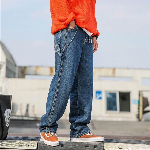 

new loose jeans men and women hip hop straight skateboard denim pants trend street dance korean wide leg pants loose jeans, Blue