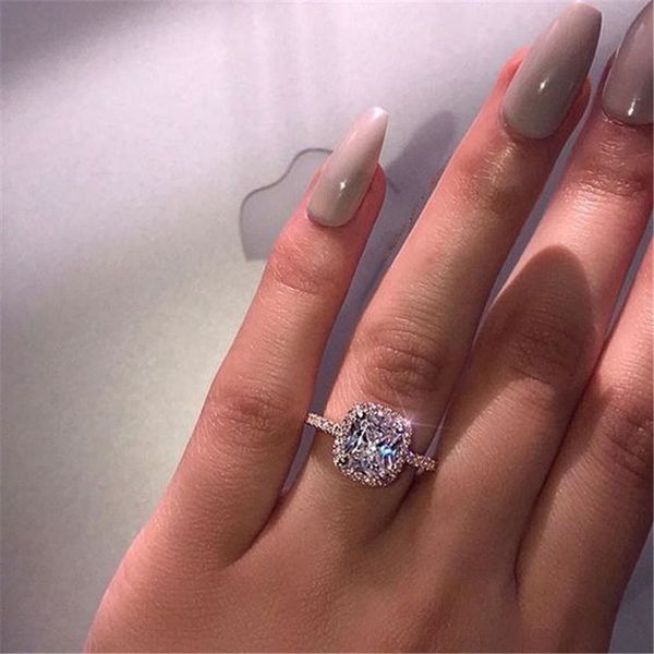 

square real sliver s925 diamond ring for women fashion bague wedding bizuteria 2 gemstone white z 925 jewelry ring box, Golden;silver