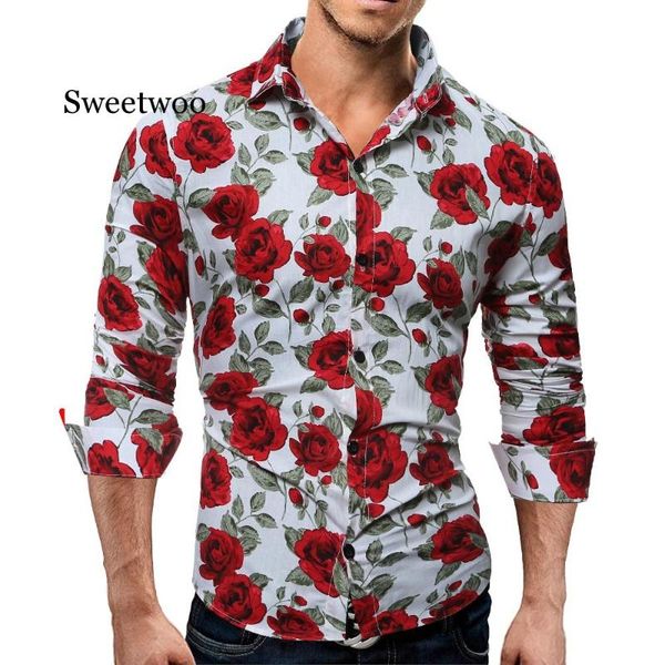 

men's long sleeve casual shirts fashion rose flower 3d print floral shirt turn-down collar slim fit shirt mens clothing, White;black