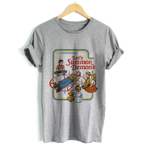 

funny vintage women tshirt short sleeve let's summon demons harajuku print graphic shirt summer tumblr women tees, White