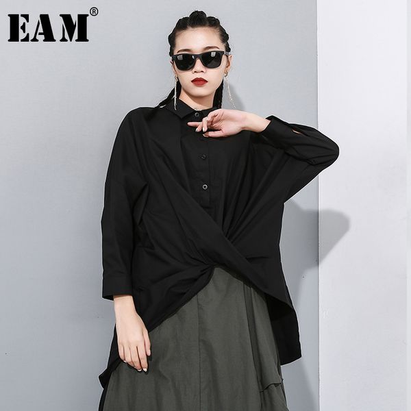

eam] women black asymmetrical big size blouse new lapel long sleeve loose fit shirt fashion tide spring autumn 2020 1n190, White