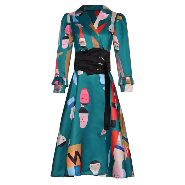

runway women trench coat midi autumn print designer tunic long sleeve suit collar cartoon trench coat new arrival, Tan;black