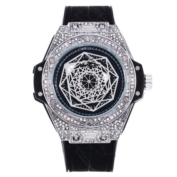 

Fashion Mens Full Diamond Wristwatch Rubber Strap Men Luxury Quartz Watch Big Bang Stainless Steel Japanese Quartz Movement Sport Watch