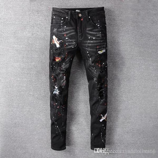 

jeans men jeans 2020 new rivet metal tag golden wings casual luxury fashion mens ripped jeans, Blue
