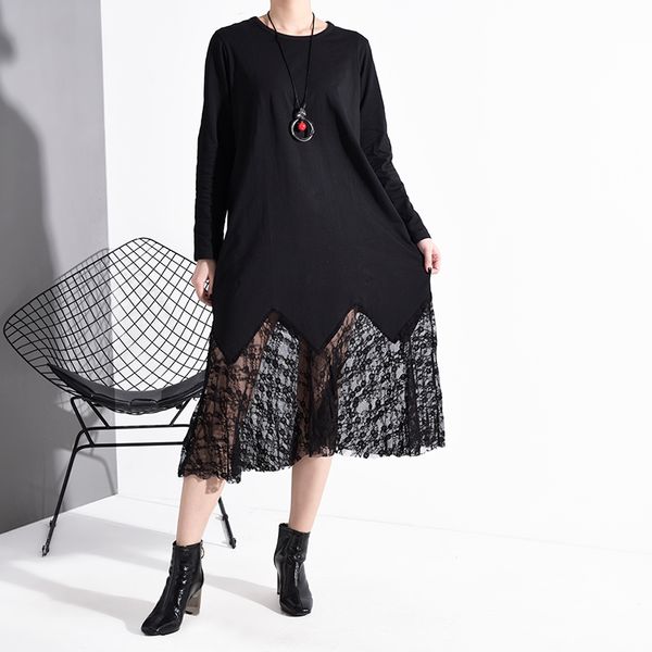 

lanmrem 2020 new spring and summer round neck full sleeves lace hollow out full sleeves pullover loose dress wd84401, Black;gray
