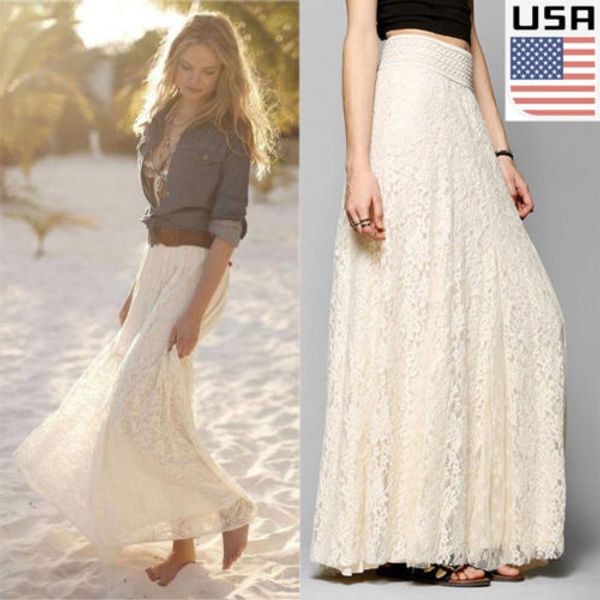 

usa women double lace layer chiffon pleated long maxi dress elastic waist skirt, Black
