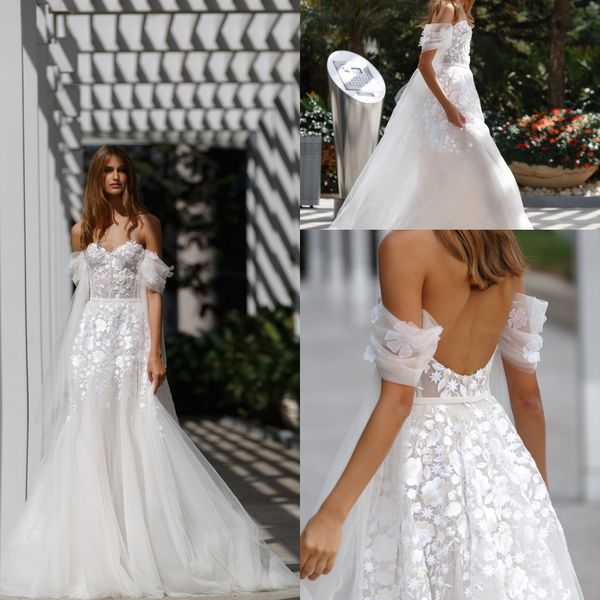 Modest Mermaid Mira Zwillnger Abiti da sposa fuori spalla manica corta tulle pizzo Applique Rucchizzati Abiti da sposa Rucchizzati Spazzare il treno Robe de Mariée