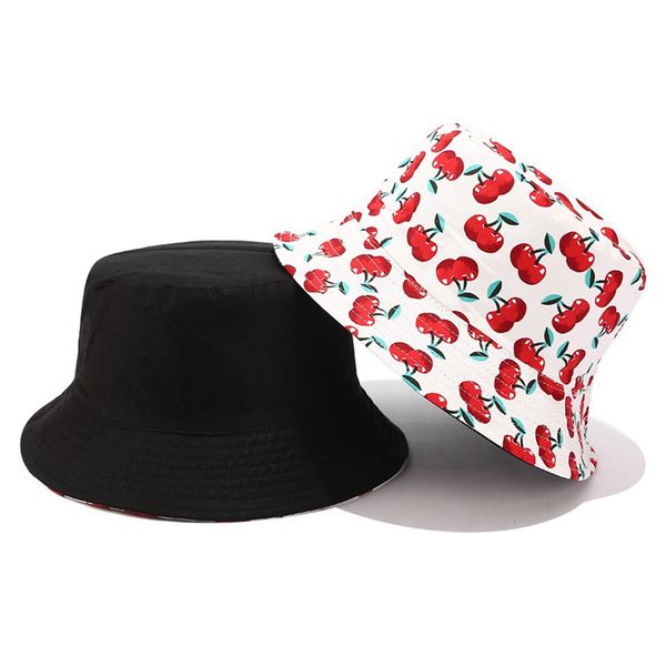 

men women cherry print portable summer soft cotton blend beach bucket hat outdoor reversible packable protection two side cute
