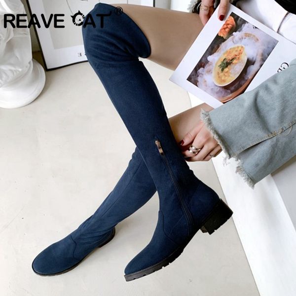 

reave cat 2020 autumn winter knee high boots fashion shoes woman high heels boots flock stretch zip solid womens botas, Black