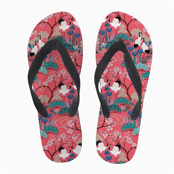 

customized 3d japanese garden in red vivid summer flip flops for teenage girls flats rubber beach ladies slip-on woman slippers, Black