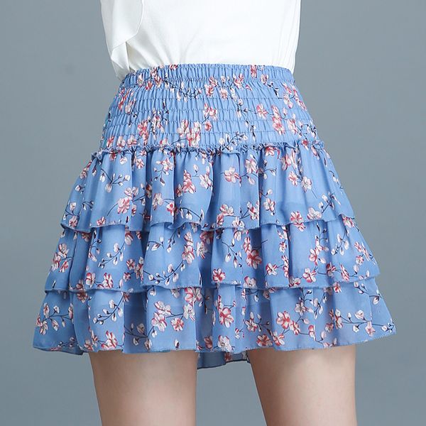 

elastic waist tiered swing floral chiffon black white pleated skirts womens kawaii japanese school girl mini skirt skorts c458