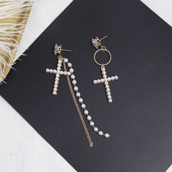 

korean square rhinestone asymmetry full pearl cross long tassel chain drop earrings fashion round circle women jewelry 5b1037, Silver