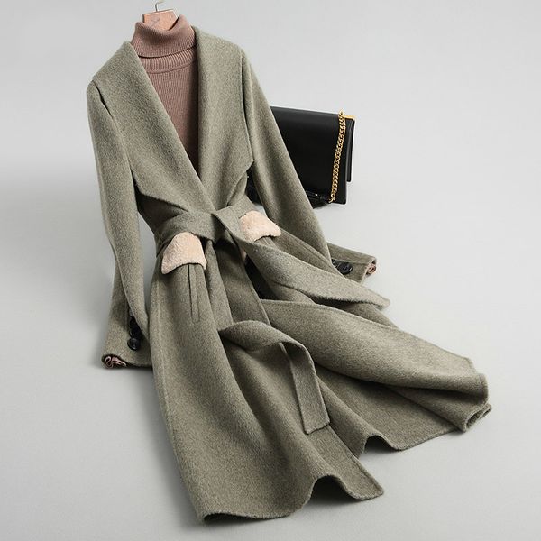

women's wool & blends 2021 women coat alpaca cashmere autumn winter female jacket long double-sided coats with belt 38087 wyq2303, Black