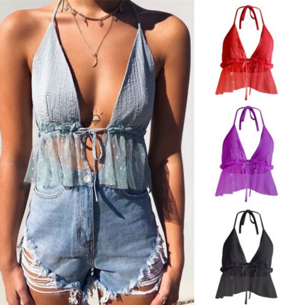 

bella philosophy 2019 fashion women deep v neck mesh solid sleeveless vest summer sleeveless tank beach singlet, White