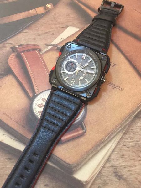 

46mm outdoor bellross aviation skeleton black dial mens watches square black steel case quartz satch watch with leather strap, Slivery;brown